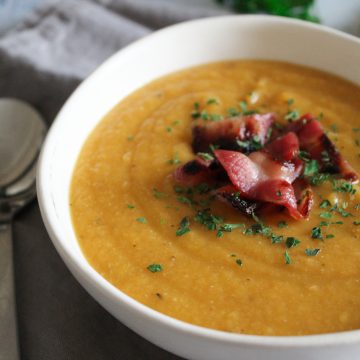 This Red Lentil soup is a big bowl of warmth and comfort. It's so easy to make, thick and satisfying with a hearty bite of bacon, and full of healthy veggies.