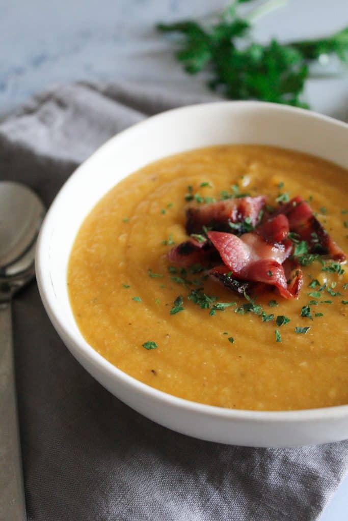 This Red Lentil soup is a big bowl of warmth and comfort. It's so easy to make, thick and satisfying with a hearty bite of bacon, and full of healthy veggies.
