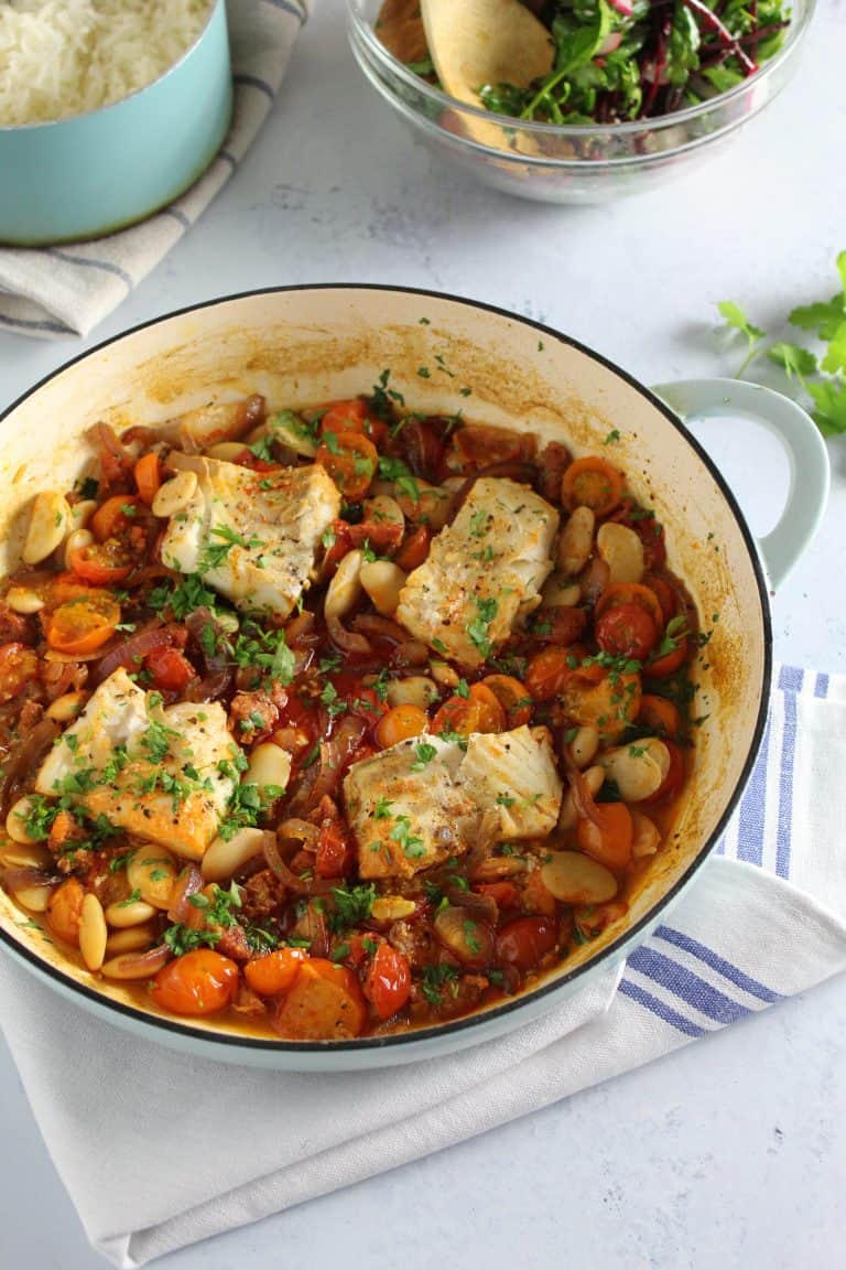 This Cod and Chorizo bake with Tomato and Butter Beans is perfect any night of the week. Easy to prepare, healthy and full of flavour.
