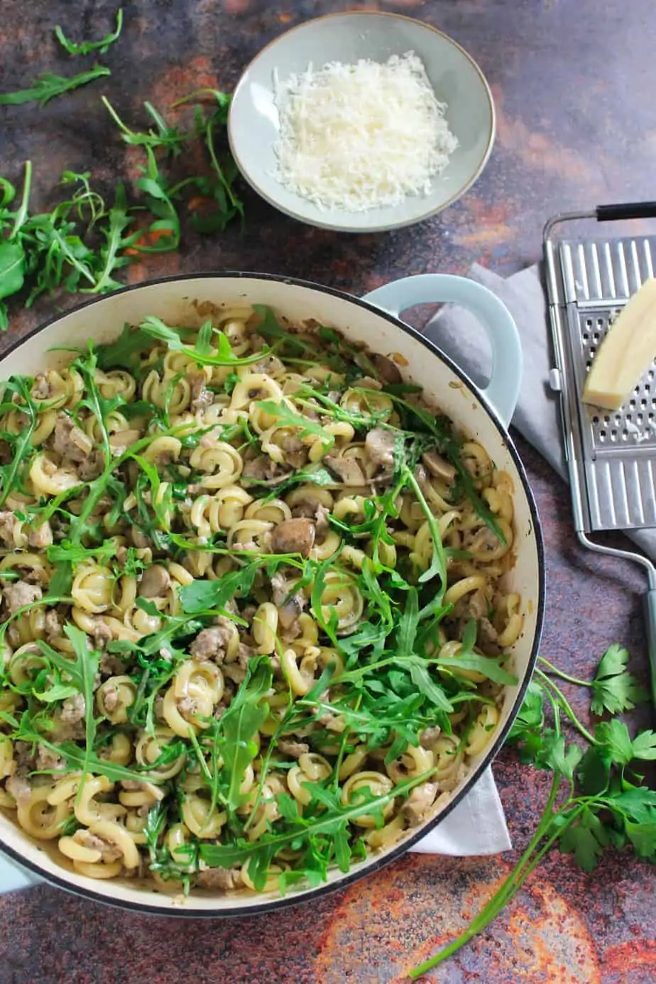 This easy Sausage and Mushroom Pasta with Rocket is a real crowd pleaser. Full of savoury flavour with an added bite of peppery rocket.