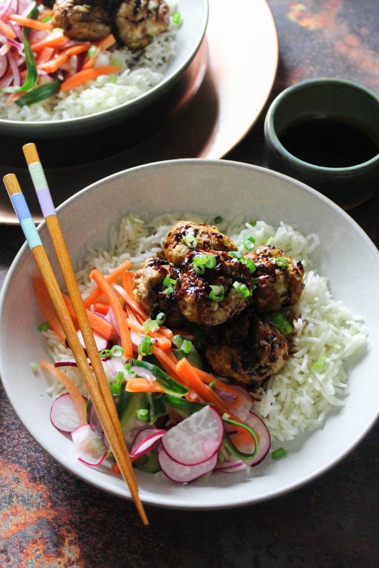 Pork Meatballs with Soy Glaze and Quick Pickled Slaw