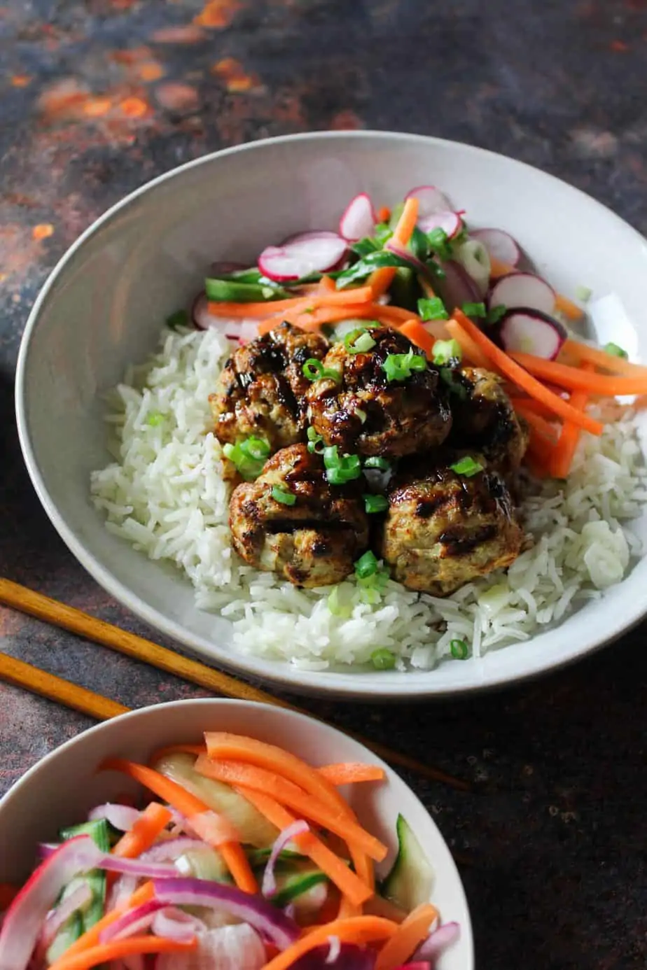Pork Meatballs with Soy Glaze and Quick Pickled Slaw