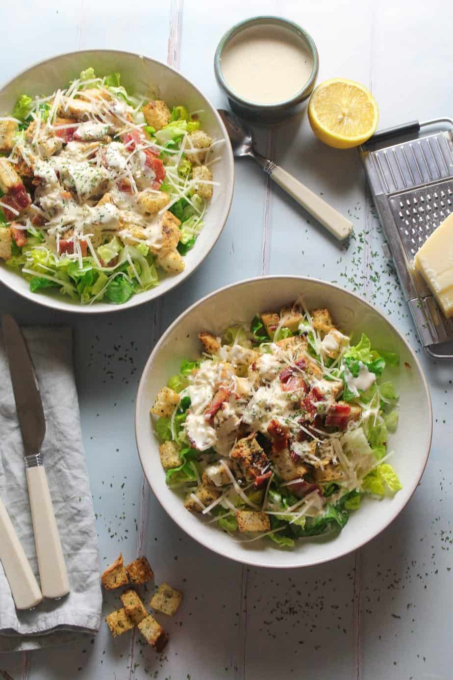 Caesar Salad with Easy Homemade Dressing, Chicken and Bacon