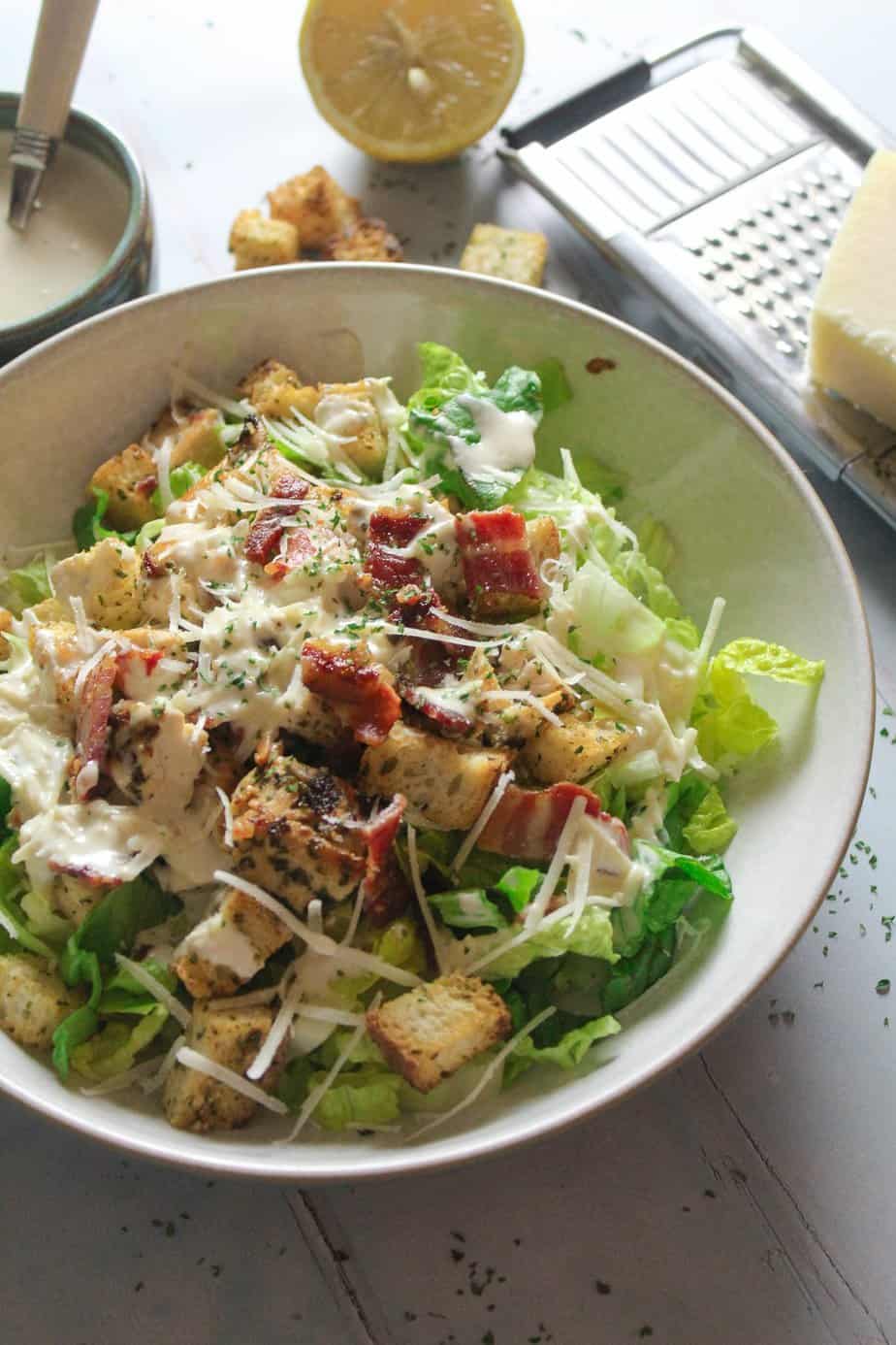 Caesar Salad with Easy Homemade Dressing, Chicken and Bacon
