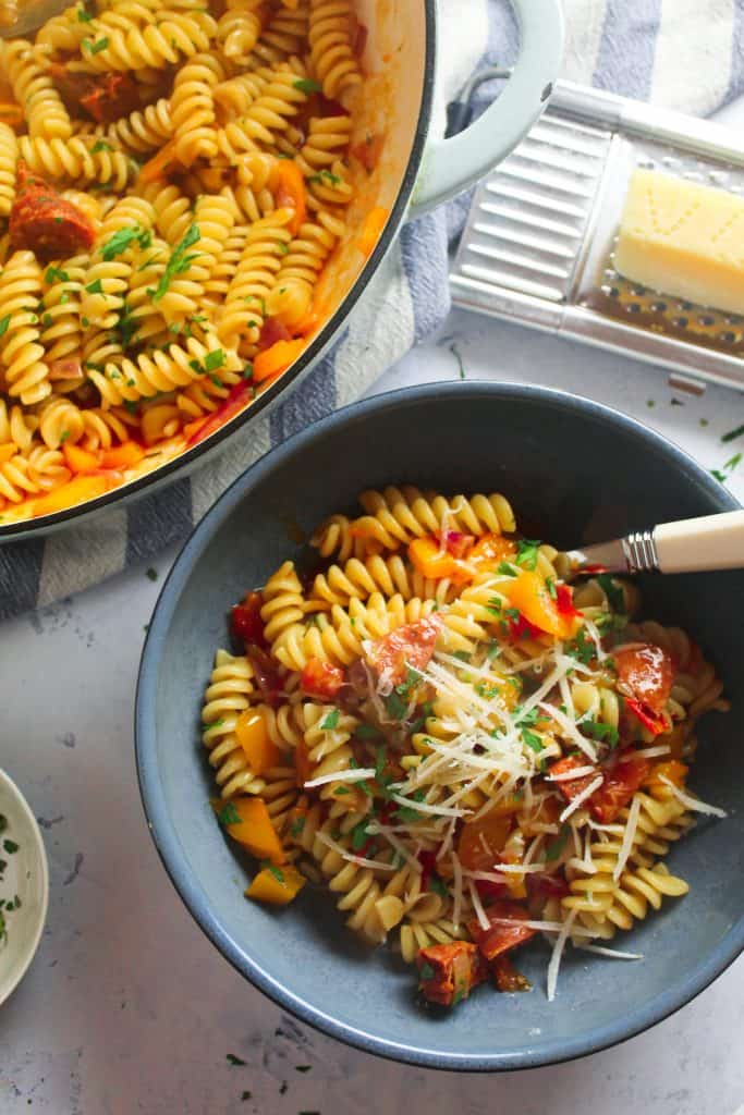 Easy Chorizo Pasta with Peppers and Tomato