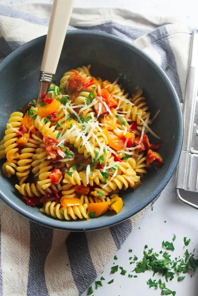 Chorizo Pasta with Peppers and Tomatoes