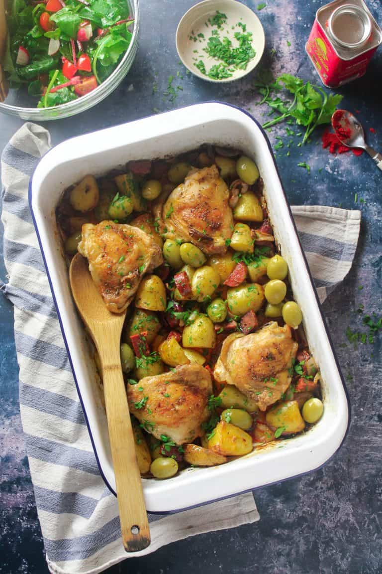 Chicken and Chorizo Tray Bake with Potatoes and Olives