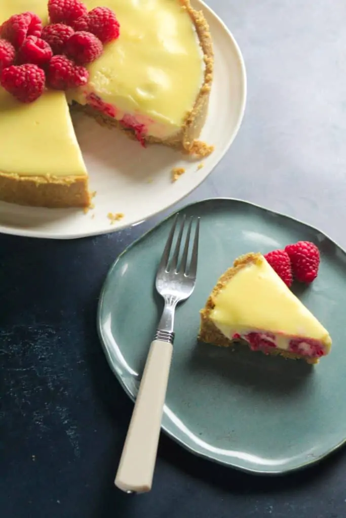 lemon and raspberry tart with a no bake biscuit crust