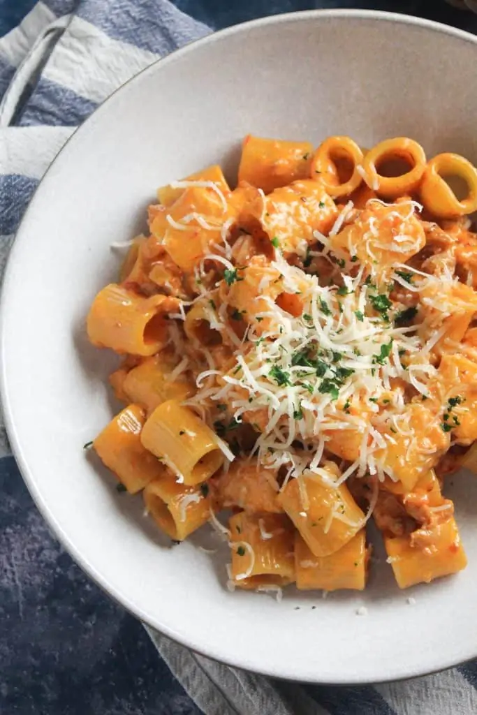 close up of Rigatoni pasta with a creamy sausage and tomato sauce,