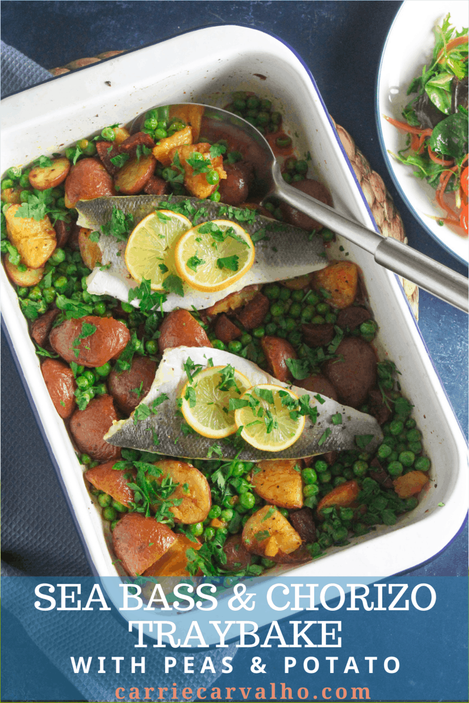 Sea Bass and Chorizo Traybake with Peas and Potato