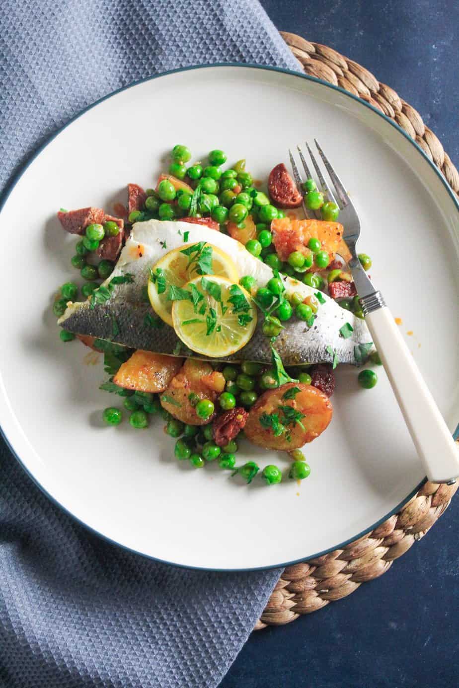 Sea Bass and Chorizo Traybake with Peas and Potato