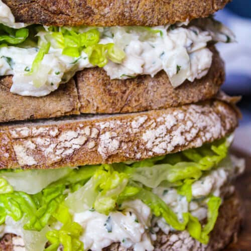 Close up of stacked chicken mayo sandwich.
