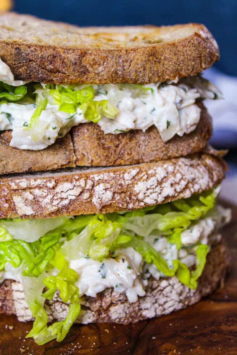 Close up of stacked chicken mayo sandwich.