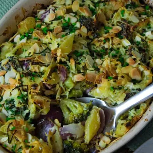 Baked pasta shells with broccoli and red onion topped with toasted almonds.