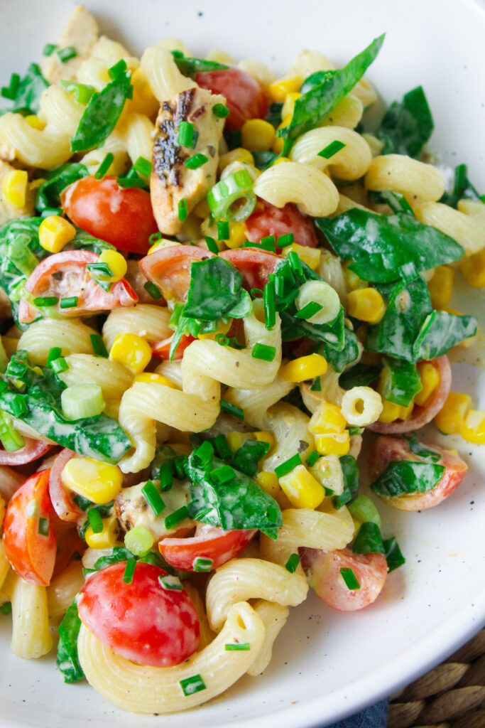 Close up of chicken sweetcorn pasta salad.