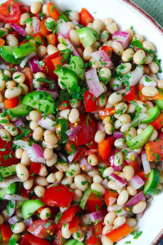 Close up of Mediterranean White Bean Salad. 