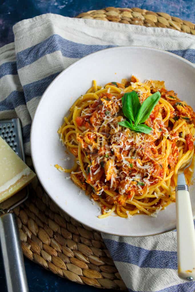 White pasta bowl with spaghetti n a tomato, basil and shredded chicken sauce. The dish is garnished with grated cheese and fresh basil, and there is a block of parmesan and a cheese grater next to the bowl. 