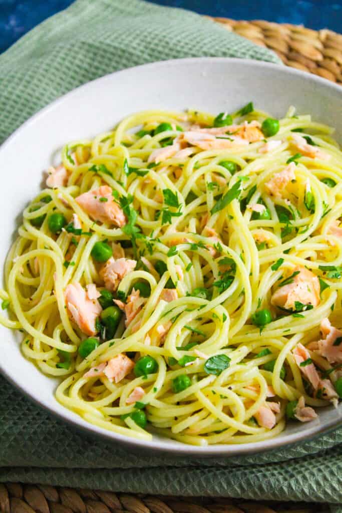 Close up of Salmon and Pea Pasta.