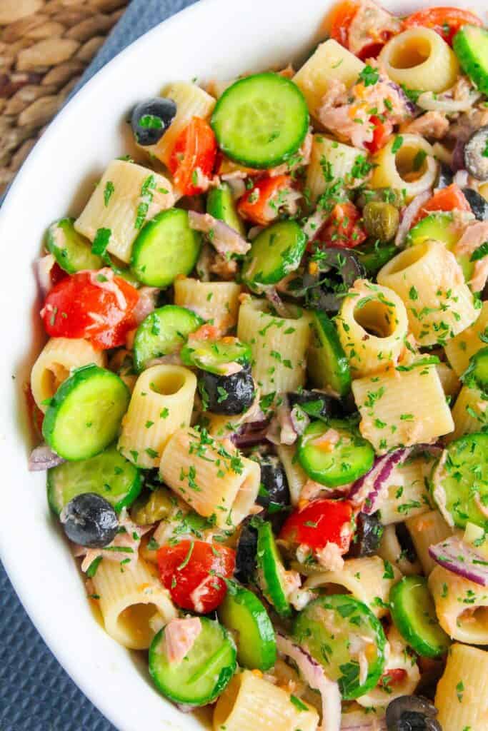 Close up of mediterranean tuna pasta salad. 