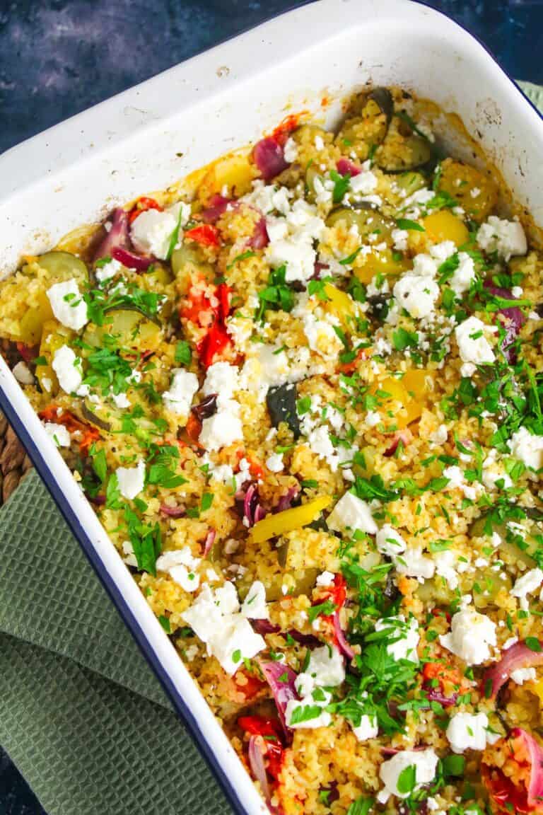 Baked Bulgur Wheat Salad with Roast Vegetables and Feta