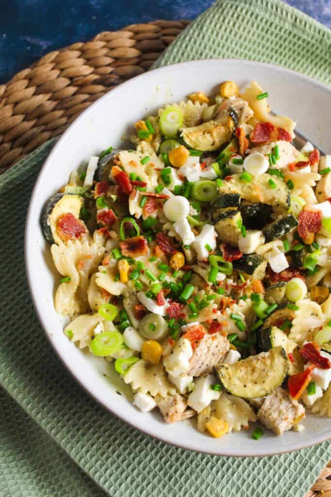 Chicken, zucchini, and bacon pasta salad.