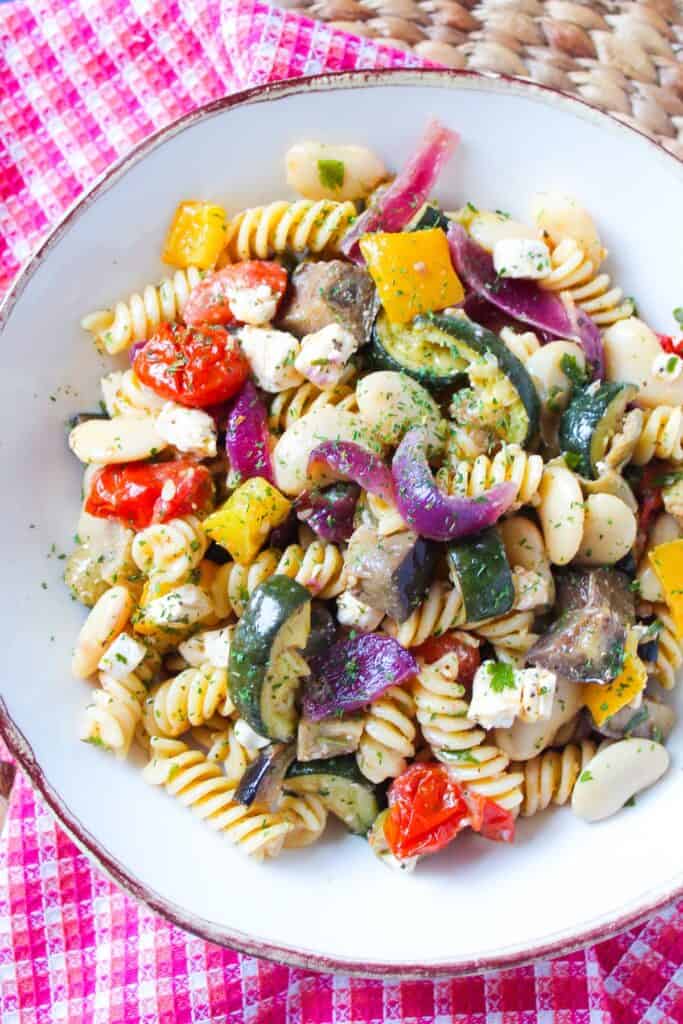 Pasta salad with roast mediterranean vegetables and feta.