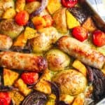 Roasted sausage and vegetables with cherry tomatoes and herbs from Carrie's Kitchen.