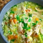 Hearty chicken, leek and rice soup with fresh herbs and flavourful broth.