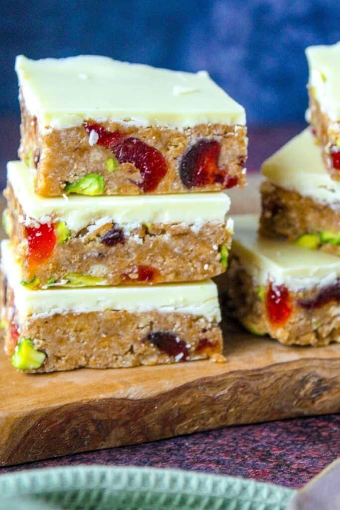 White chocolate tiffin with pistachios and cherries.