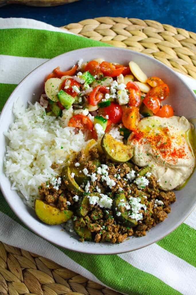 Easy Mediterranean Beef and Hummus Bowls