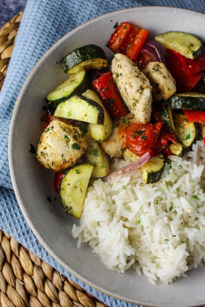 Italian Chicken Traybake served with white rice.