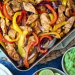 Delicious chicken fajitas with bell peppers and onions.