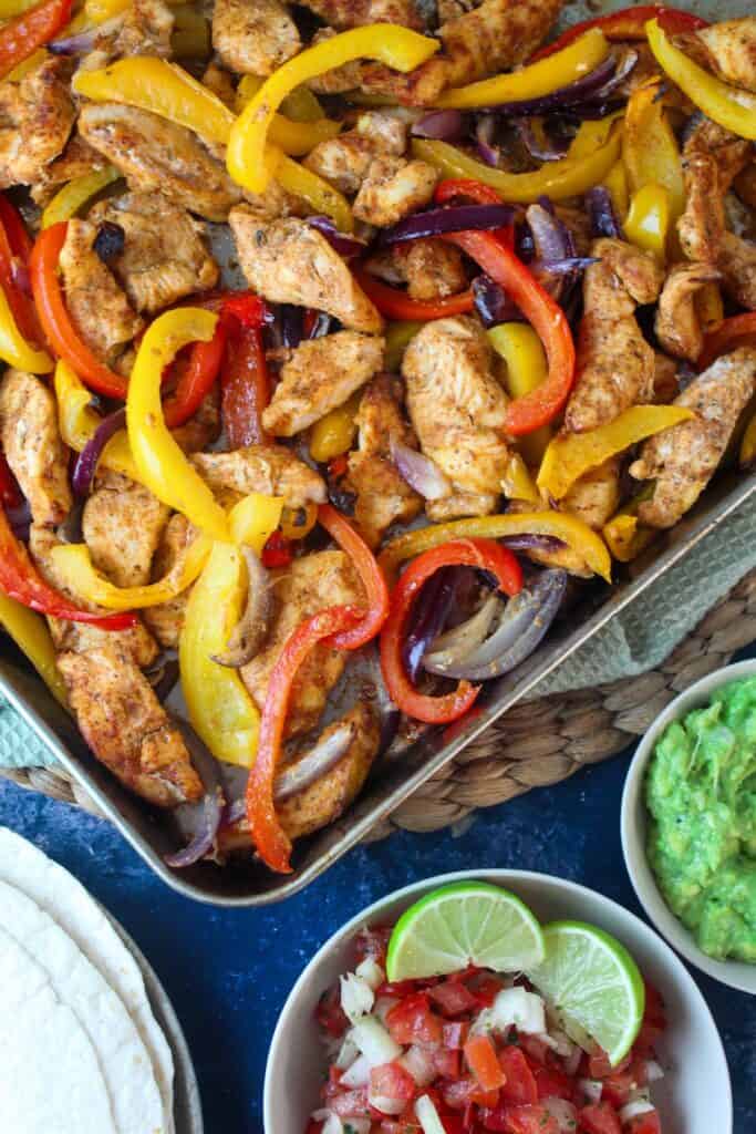 Delicious chicken fajitas with bell peppers and onions.